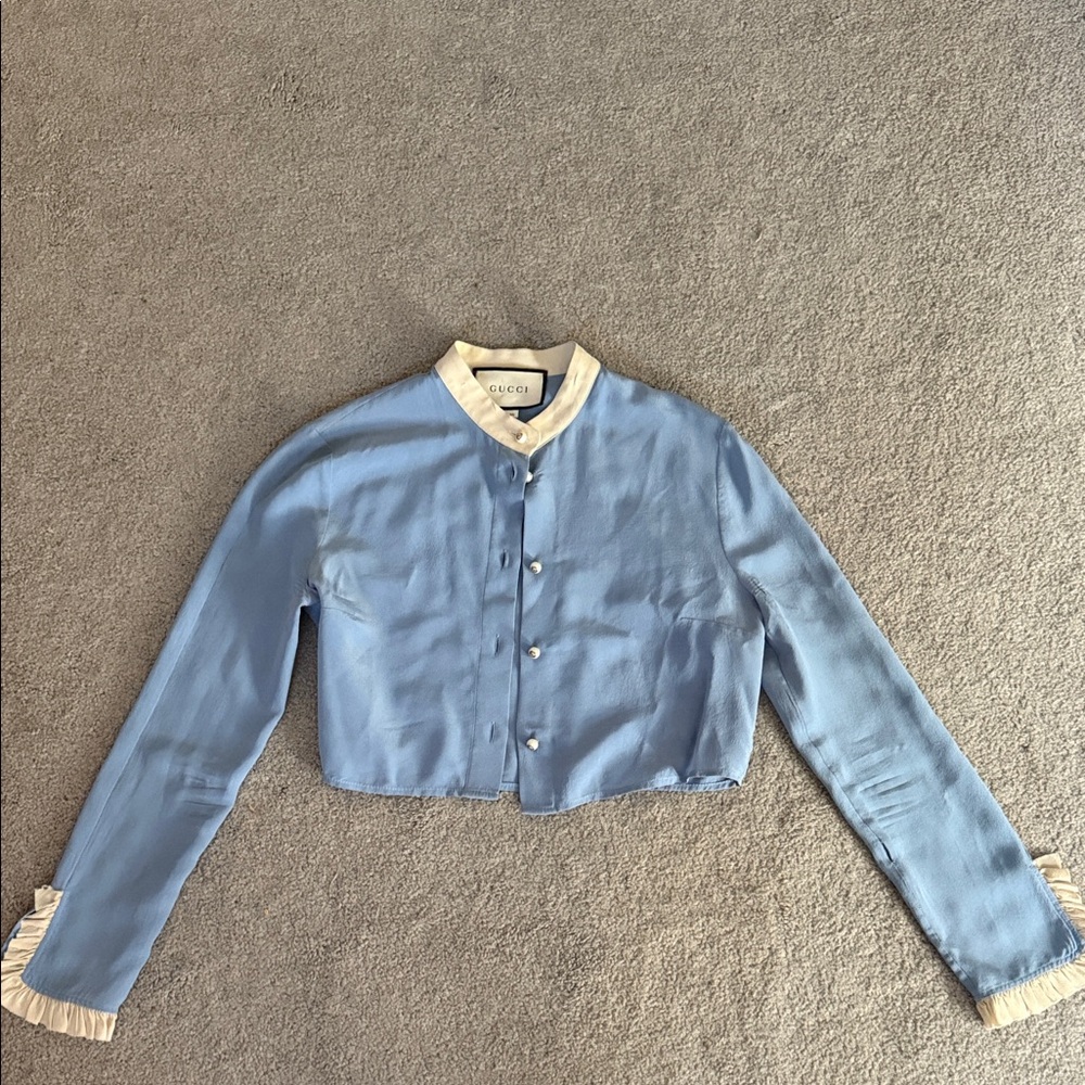 Gucci Light Blue and Cream Silk Cropped Blouse with Gucci Button Accents